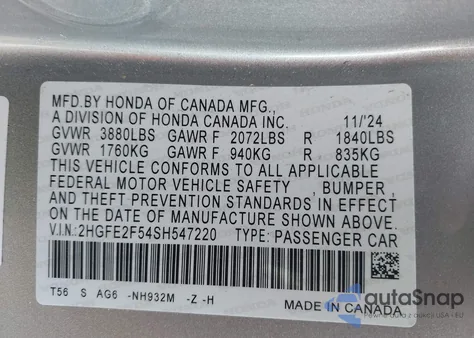 2025 Honda Civic Sport из США, поврежденный, VIN 2HGFE2F54SH547220